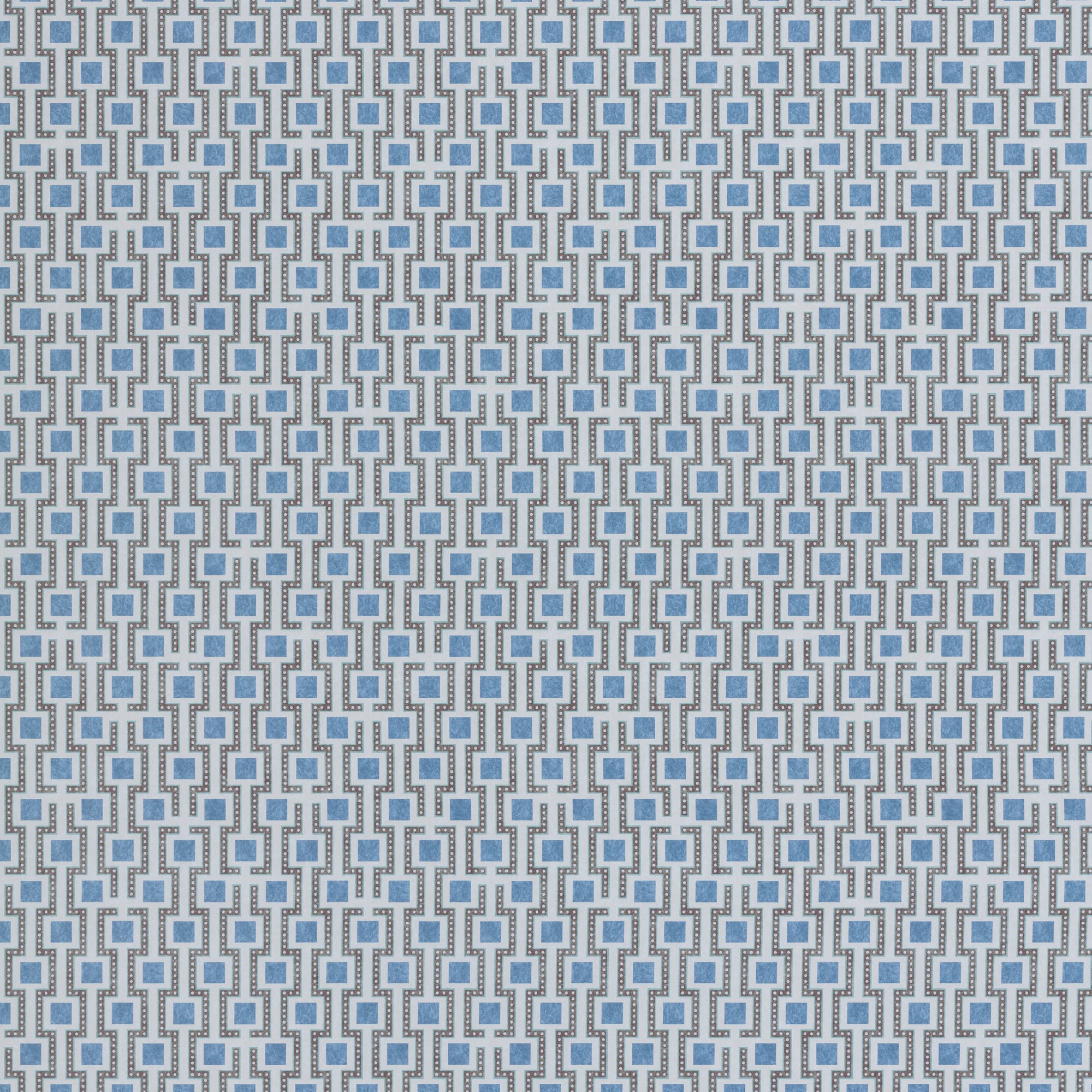 Wallpaper panel in a geometric grid print in shades of blue and gray.