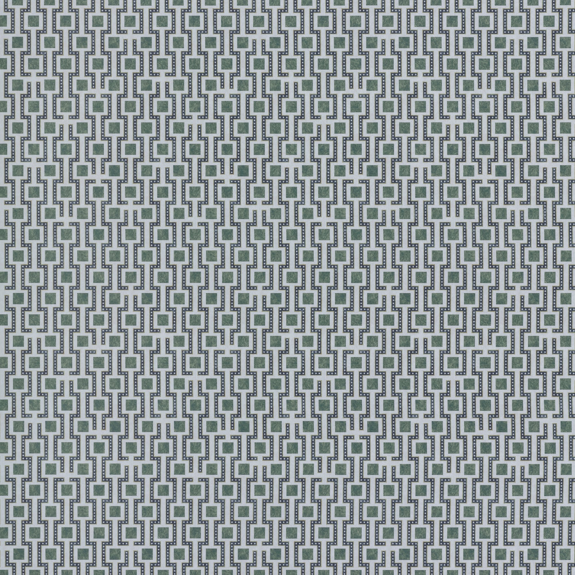 Wallpaper panel in a geometric grid print in shades of green, blue and gray.
