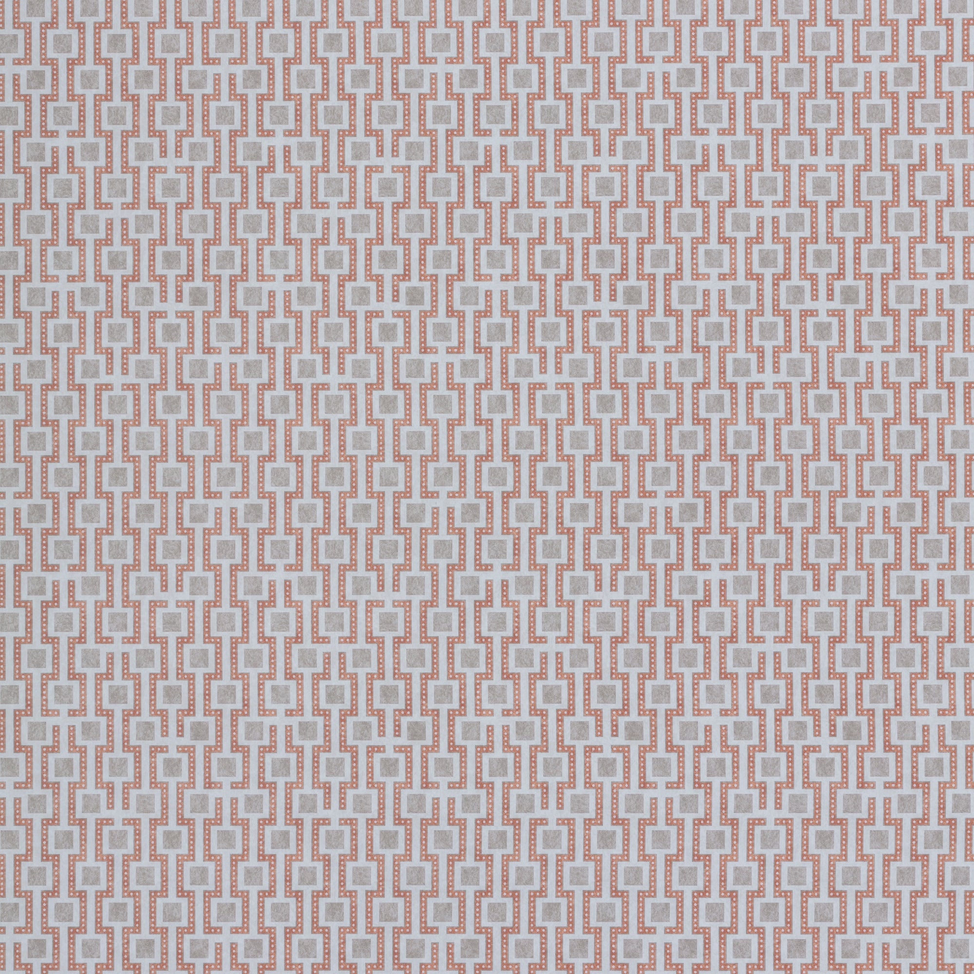 Wallpaper panel in a geometric grid print in shades of pink and gray.