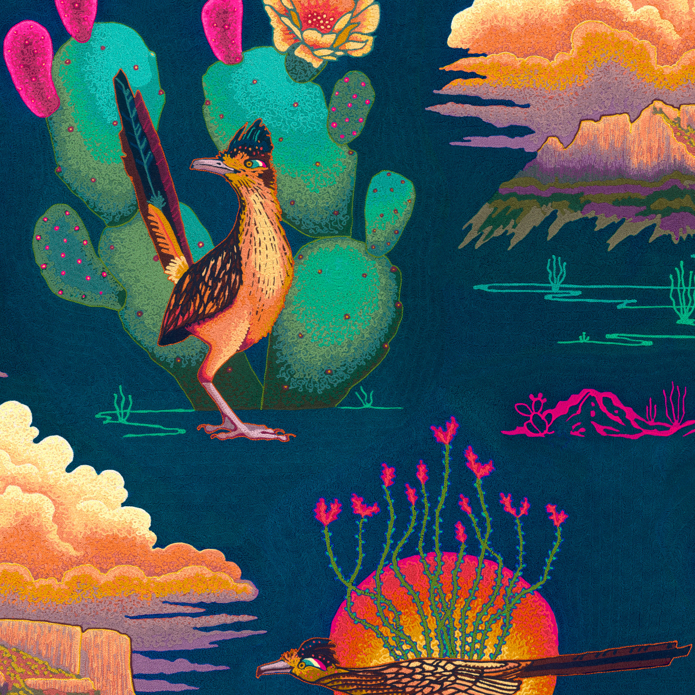 Colorful pattern of roadrunners and cacti on a blue background
