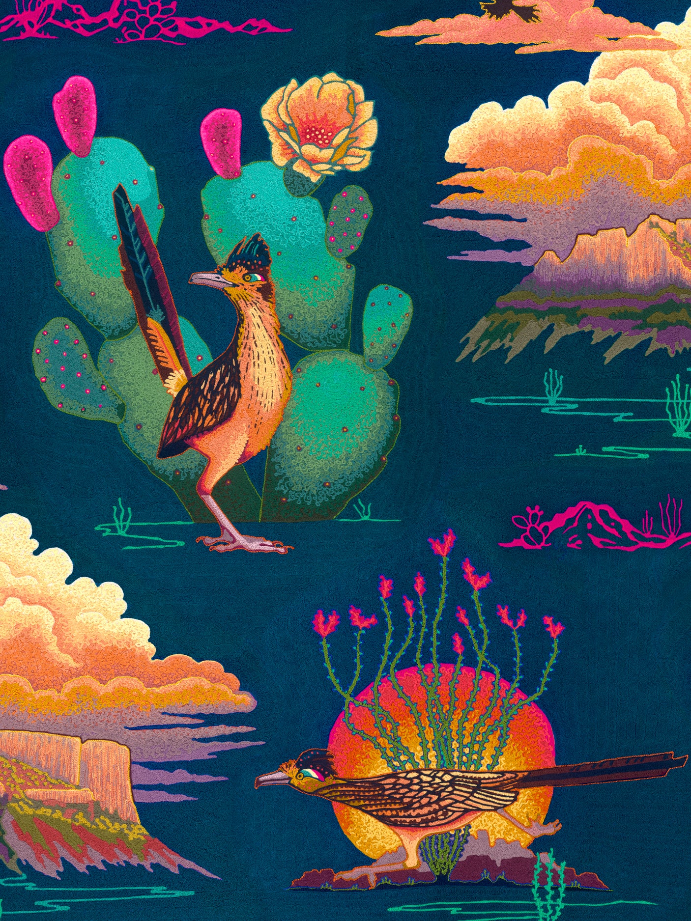 Colorful pattern of roadrunners and cacti on a blue background