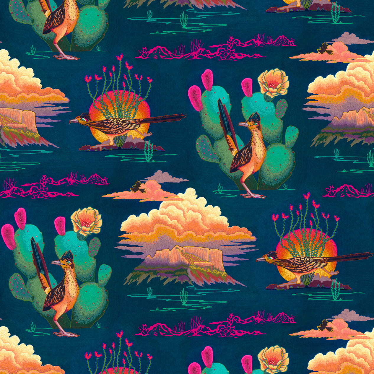 Colorful pattern of desert landscapes with cacti, clouds, and birds on a blue background.