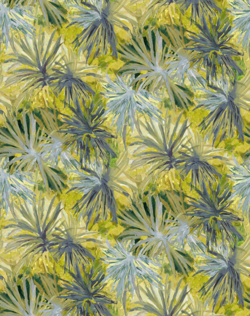 Detail of fabric in a painterly palm tree print in shades of yellow, green and gray.