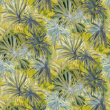 Detail of fabric in a painterly palm tree print in shades of yellow, green and gray.