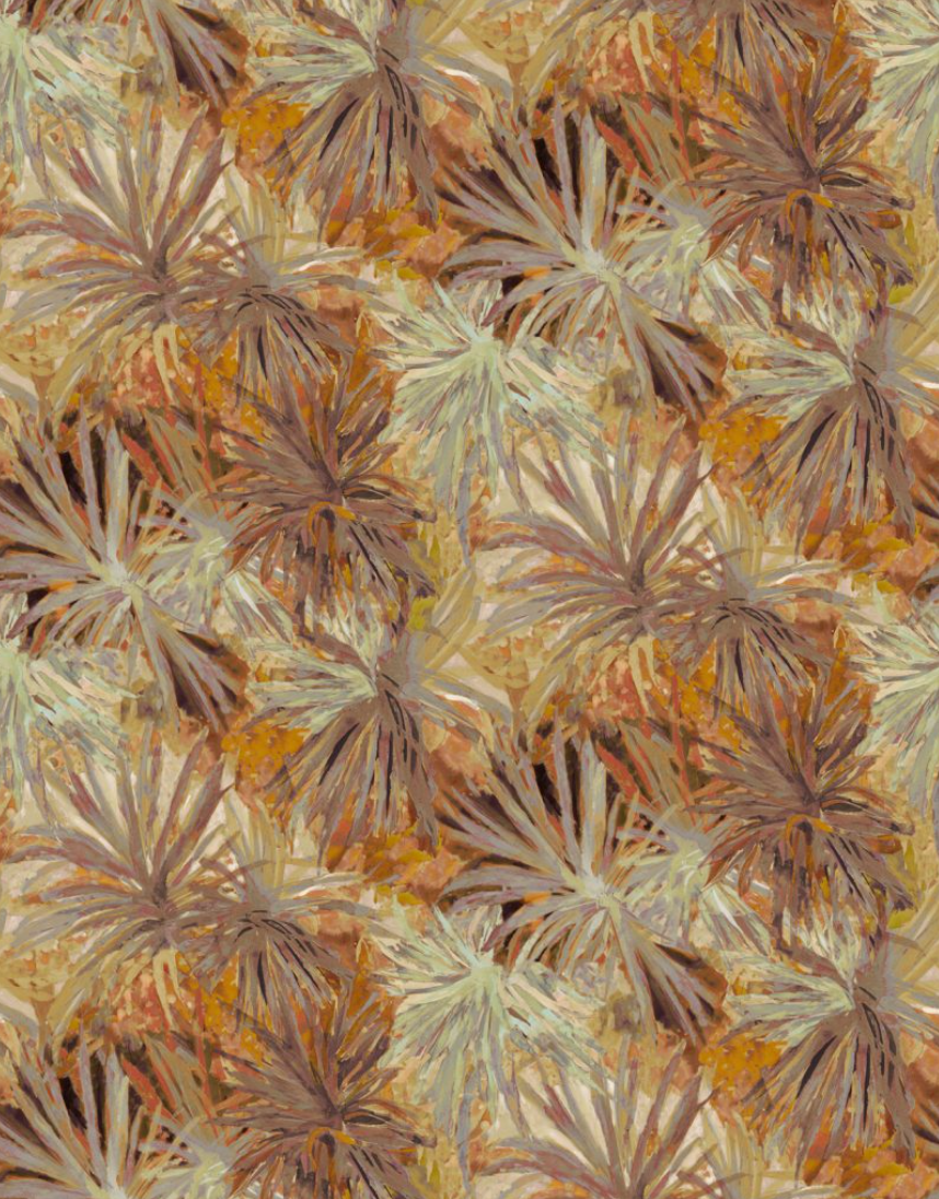 Detail of fabric in a painterly palm tree print in shades of orange, brown and mauve.