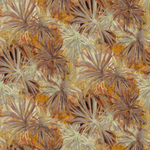 Detail of fabric in a painterly palm tree print in shades of orange, brown and mauve.