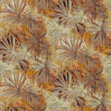 Detail of fabric in a painterly palm tree print in shades of orange, brown and mauve.