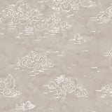 Detail of fabric in a painterly cloud pattern in white on a light gray field.