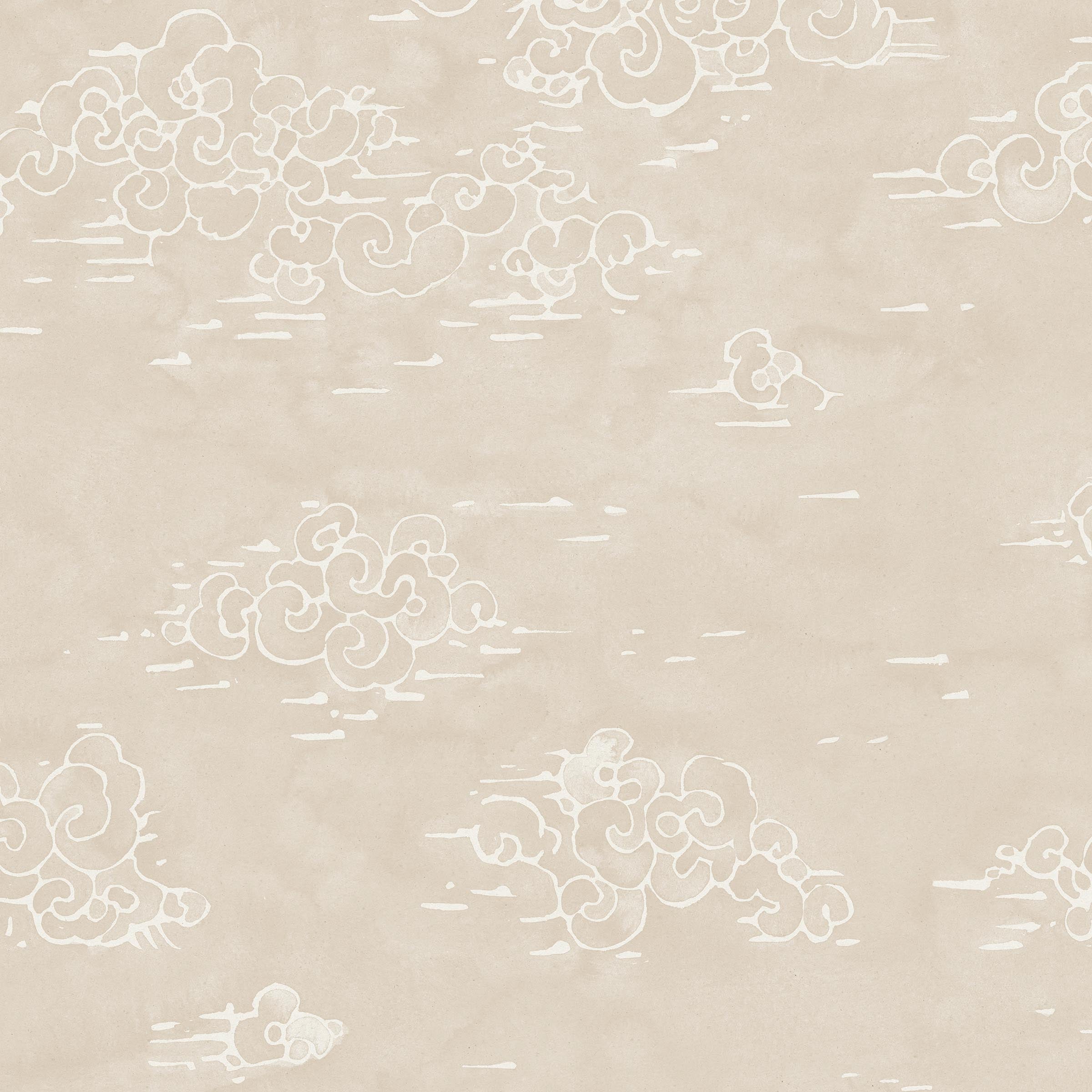 Detail of fabric in a painterly cloud pattern in white on a cream field.
