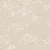 Detail of wallpaper in a painterly cloud pattern in white on a cream field.