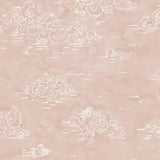 Detail of fabric in a painterly cloud pattern in white on a light pink field.