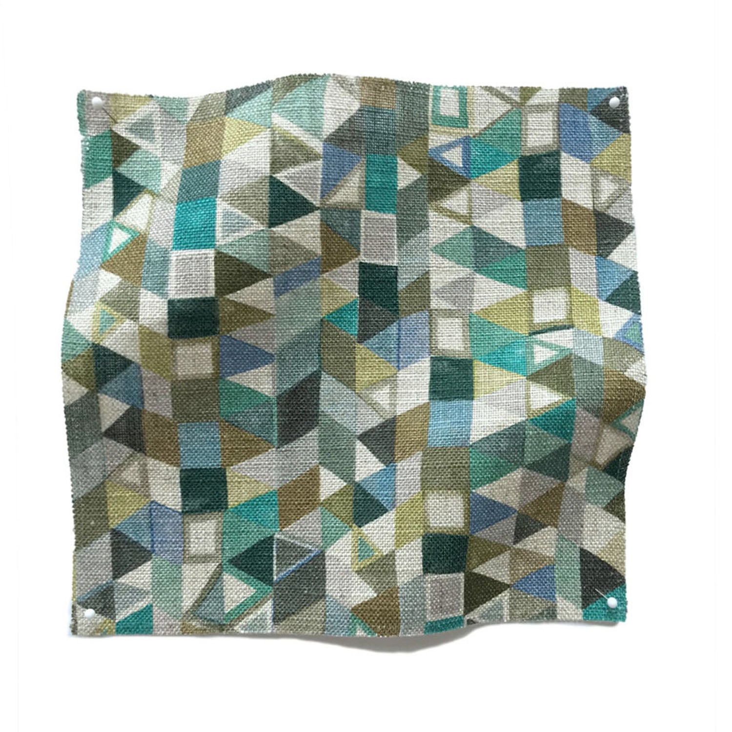 Square fabric swatch in a small-scale playful geometric print in shades of blue, green, white and brown.