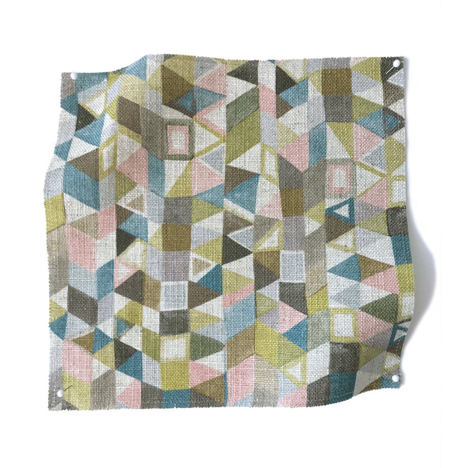 Square fabric swatch in a small-scale playful geometric print in shades of pink, purple, green and 