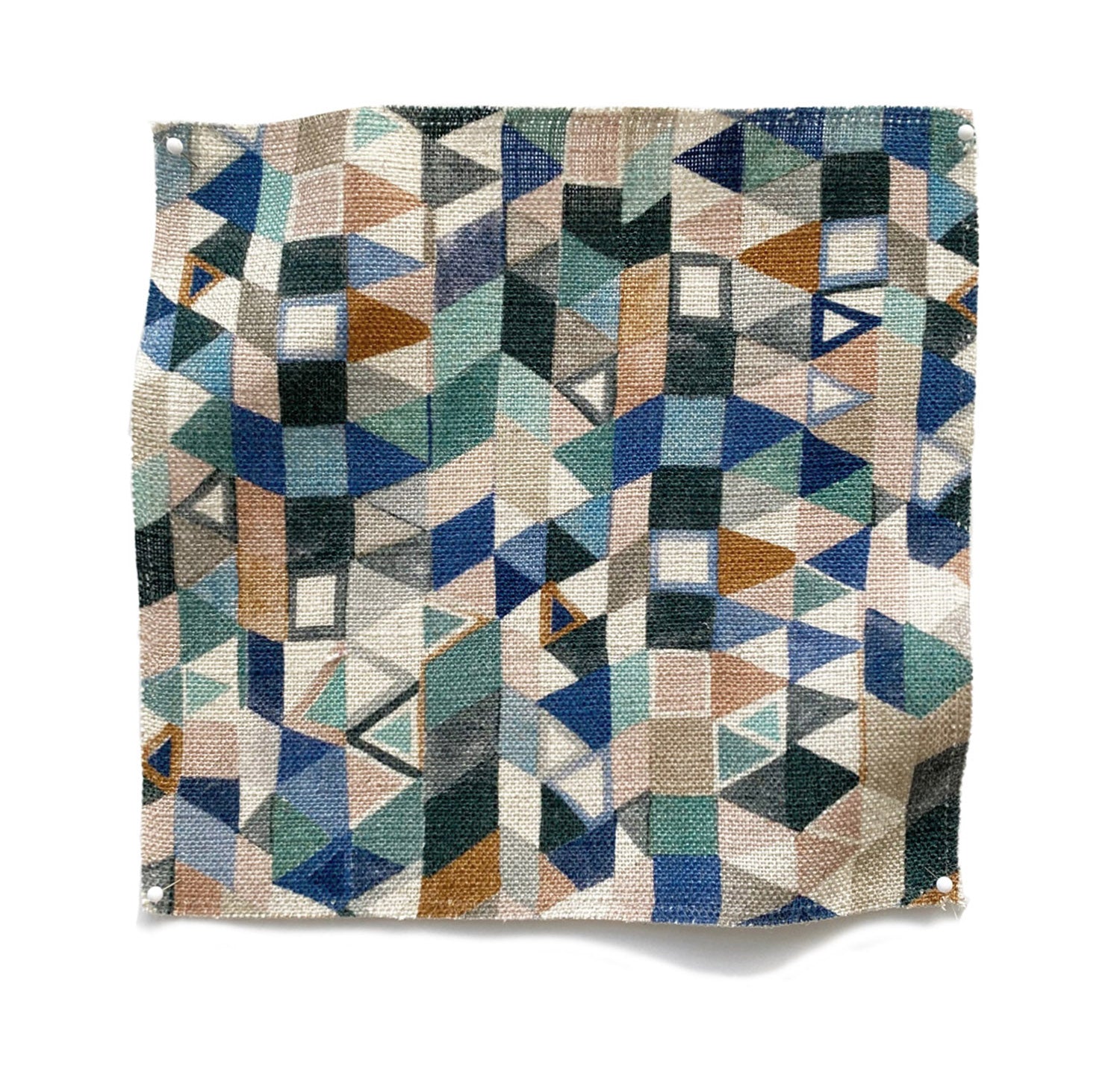 Square fabric swatch in a small-scale playful geometric print in shades of blue, green, gray and tan.