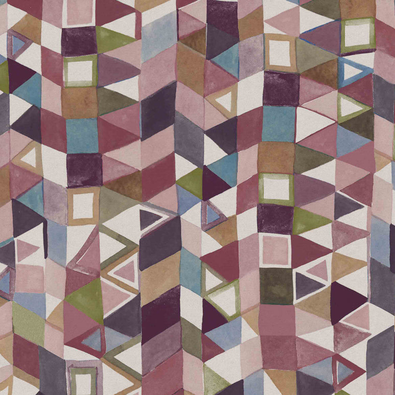 Detail of fabric in a playful repeating geometric print in shades of pink, purple, cream and green.