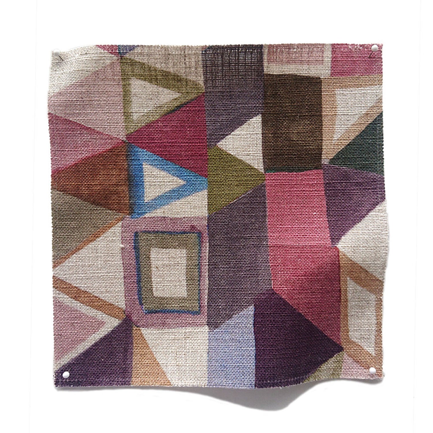 Square fabric swatch in a playful repeating geometric print in shades of pink, purple, cream and green.