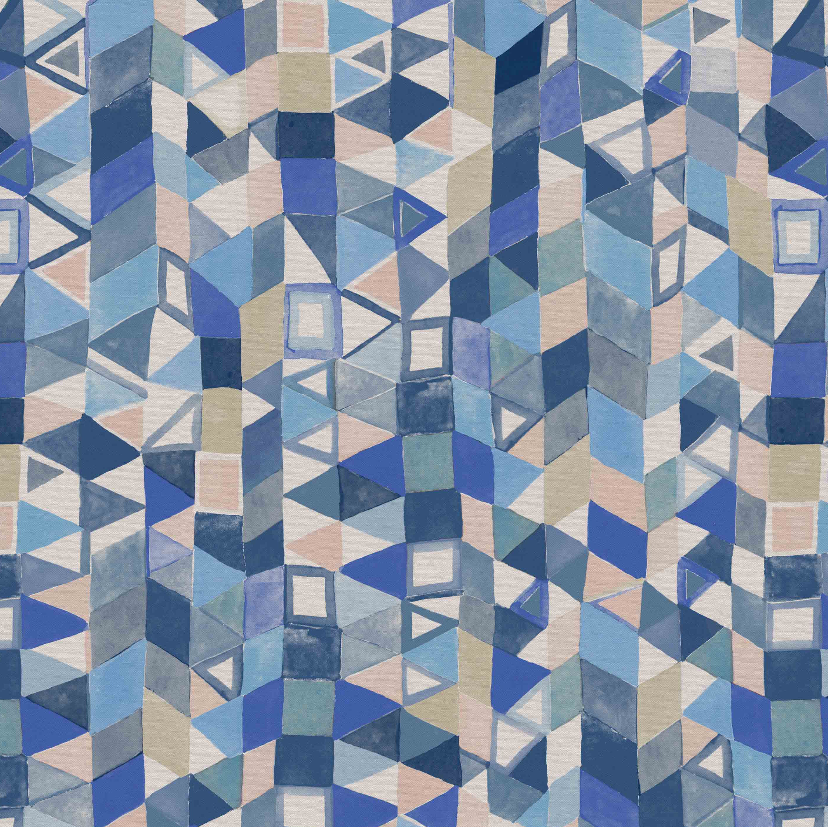 Detail of fabric in a small-scale playful geometric print in shades of blue, tan and navy.