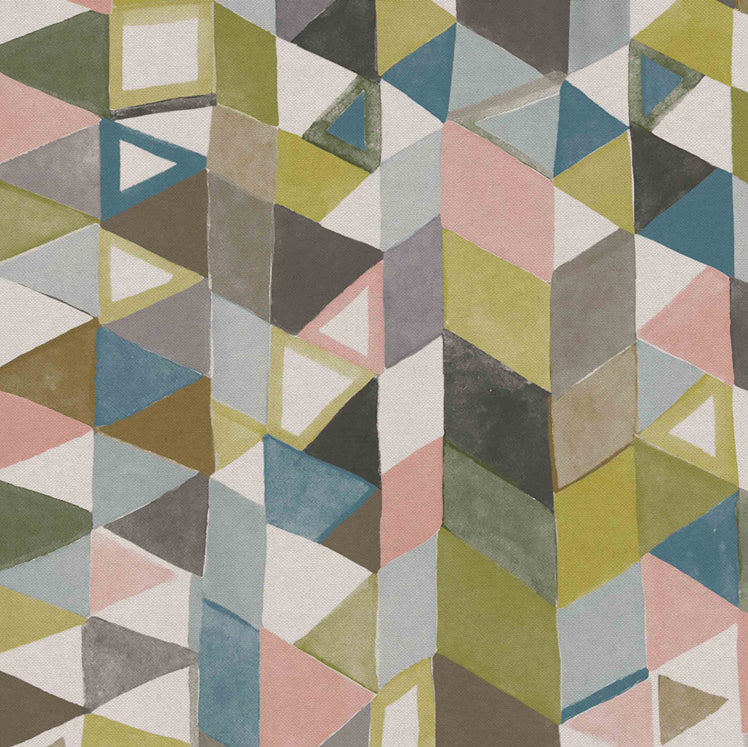 Detail of fabric in a playful repeating geometric print in shades of pink, purple, green and brown.
