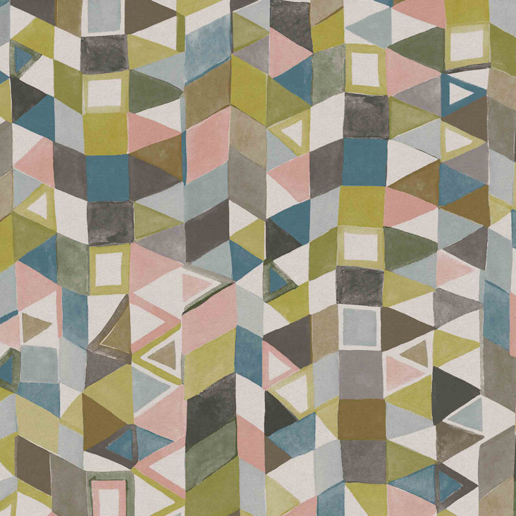 Detail of fabric in a playful repeating geometric print in shades of pink, purple, green and brown.