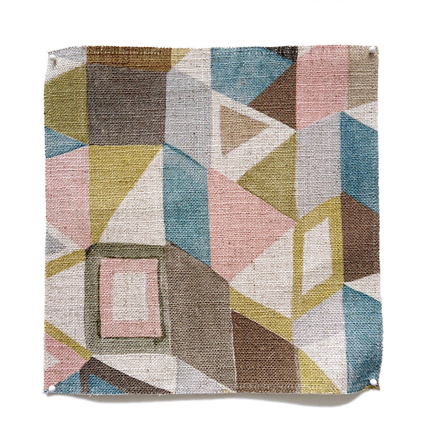 Square fabric swatch in a playful repeating geometric print in shades of pink, purple, green and brown.