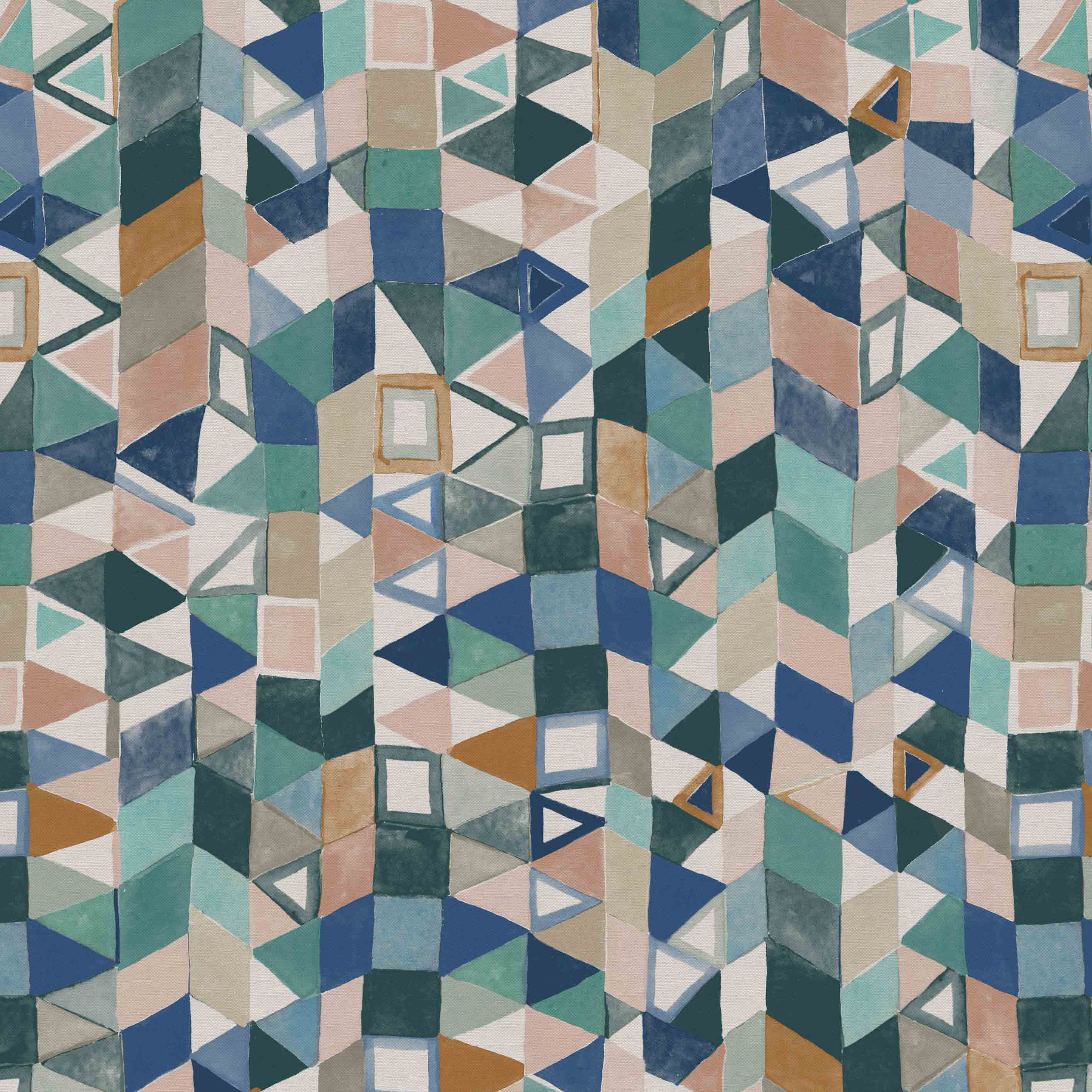 Detail of fabric in a small-scale playful geometric print in shades of blue, green, gray and tan.