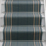 Striped flatweave runner in blue on white staircase