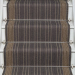 Striped flatweave runner in charcoal and ivory on white staircase