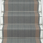 Striped flatweave runner in slate and ivory on white staircase