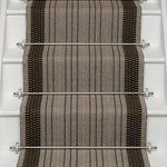 Striped flatweave runner in grey black on white staircase