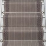 Striped flatweave runner in grey and taupe on white staircase