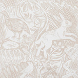 Detail of wallpaper in a playful rabbit and bird print in tan on a white field.