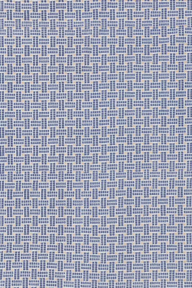 Embroidered fabric with a basketweave design in blue on a white field. 