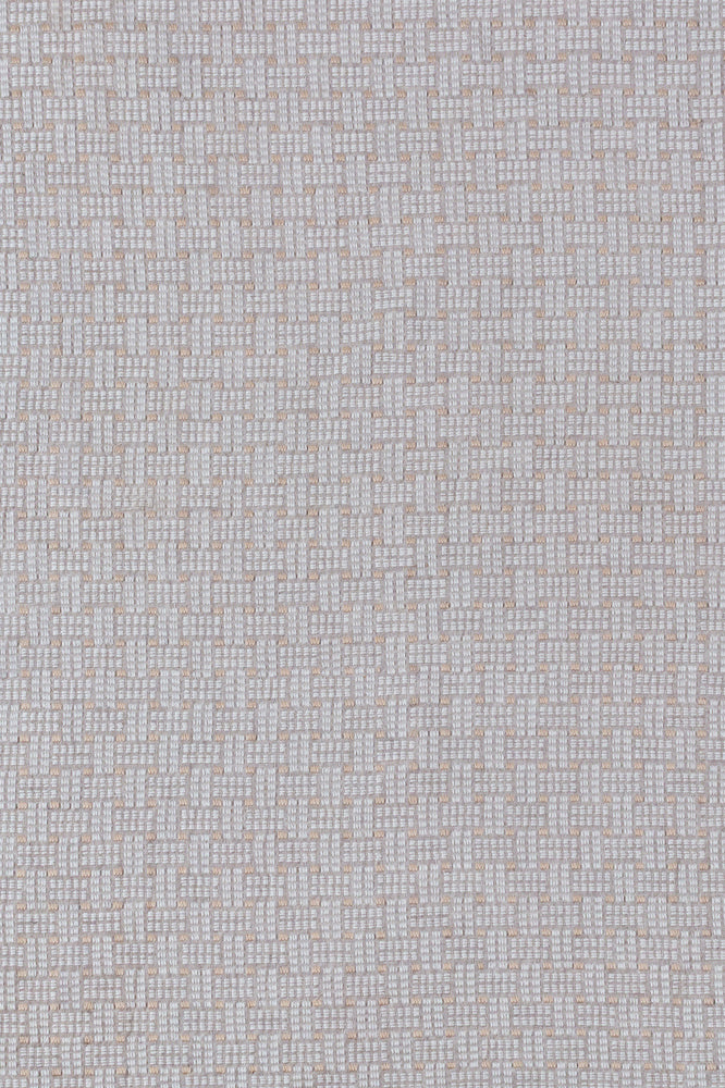 Embroidered fabric with a basketweave design in cream on a beige field. 