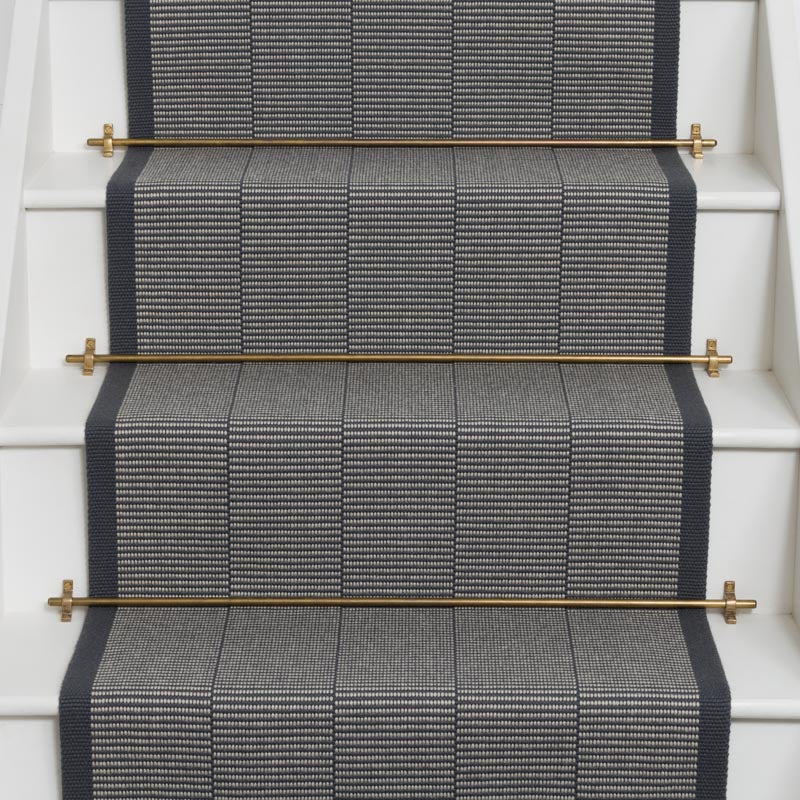 Striped flatweave runner in slate grey on white staircase