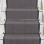 Striped flatweave runner in taupe grey on white staircase