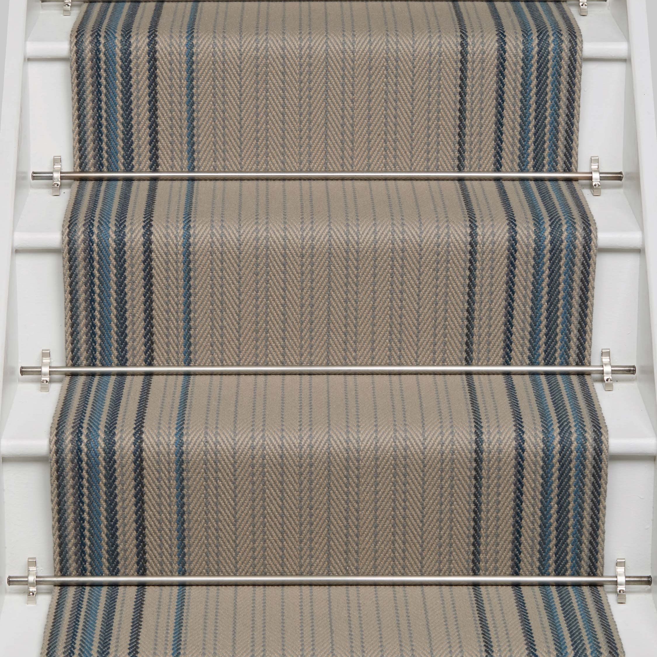 Striped flatweave runner in crem and blue on white staircase