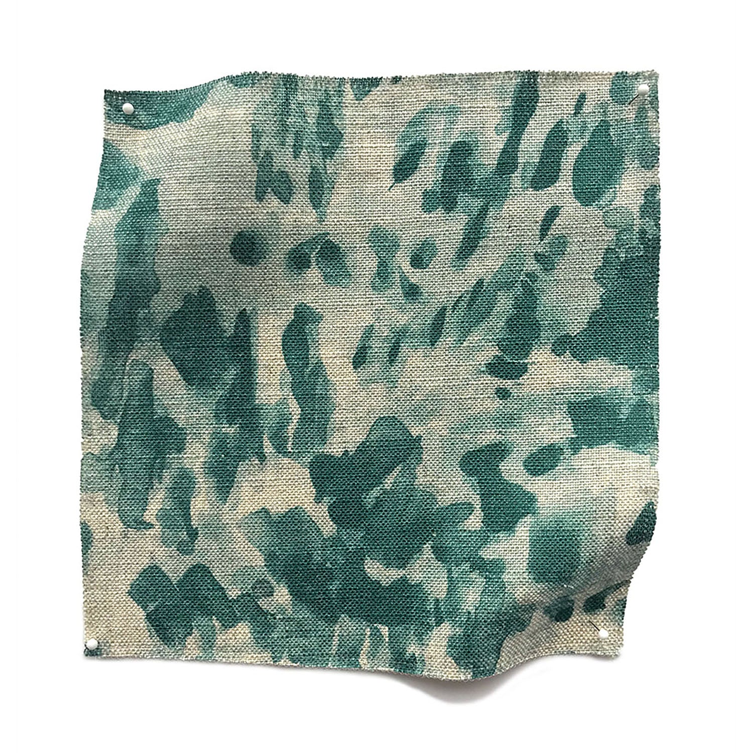 Square fabric swatch in a painterly cloud print in shades of turquoise on a cream field.