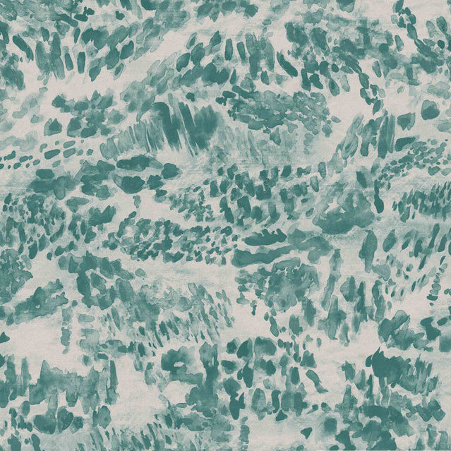 Detail of fabric in a painterly cloud print in shades of turquoise on a cream field.