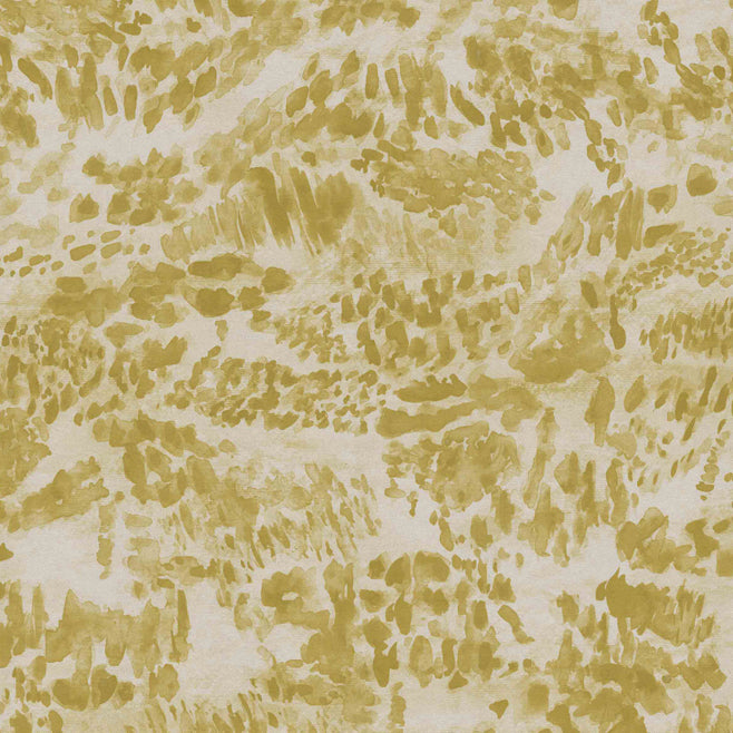 Detail of fabric in a painterly cloud print in shades of mustard on a cream field.