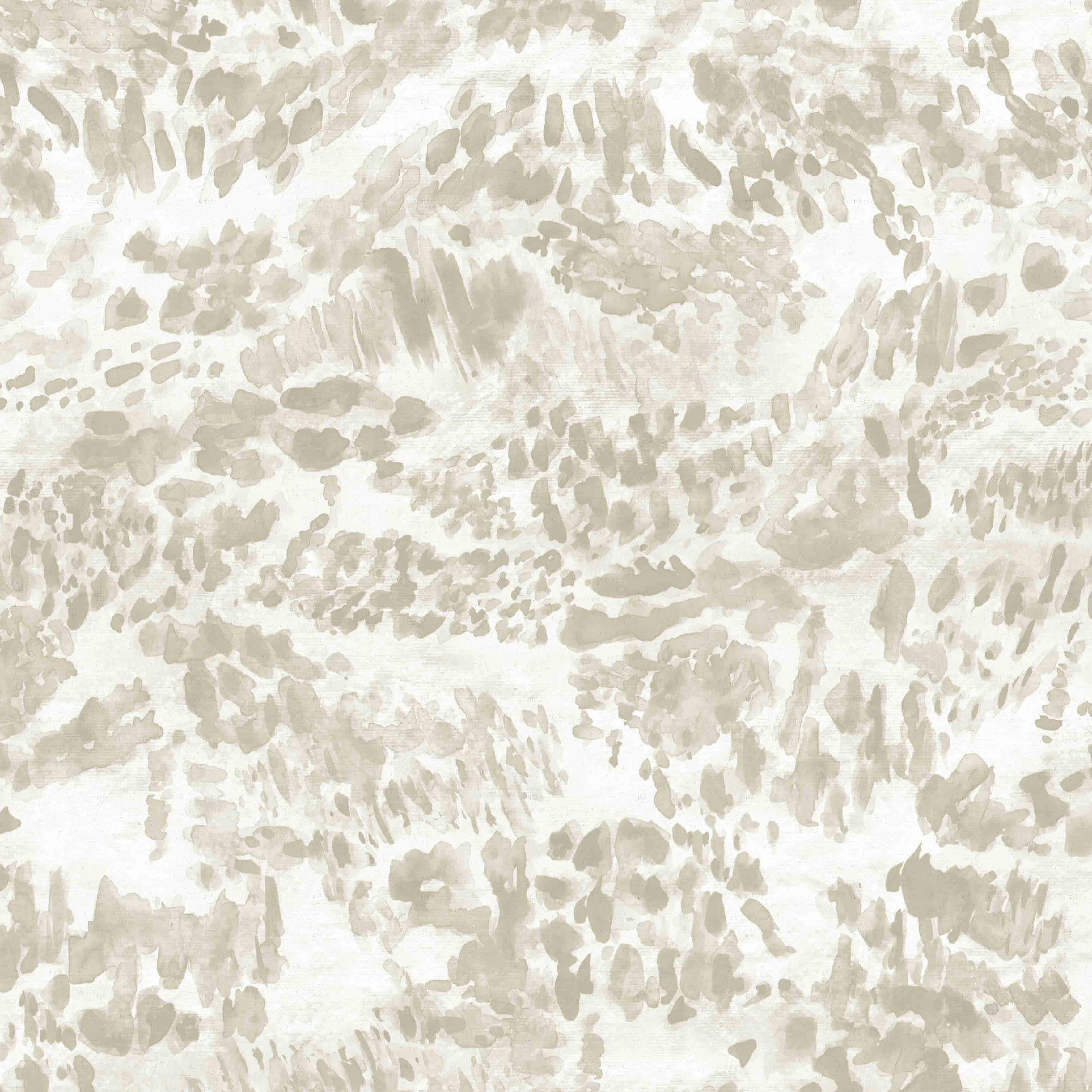 Detail of fabric in a painterly cloud print in shades of tan on a cream field.