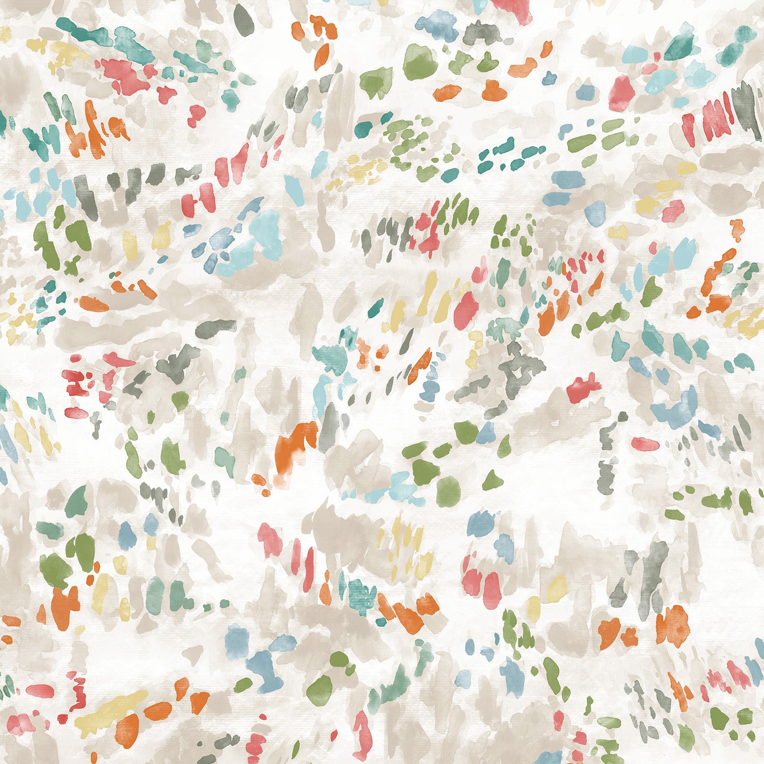 Detail of wallpaper in a dappled abstract print in shades of blue, green and orange and tan on a white field.