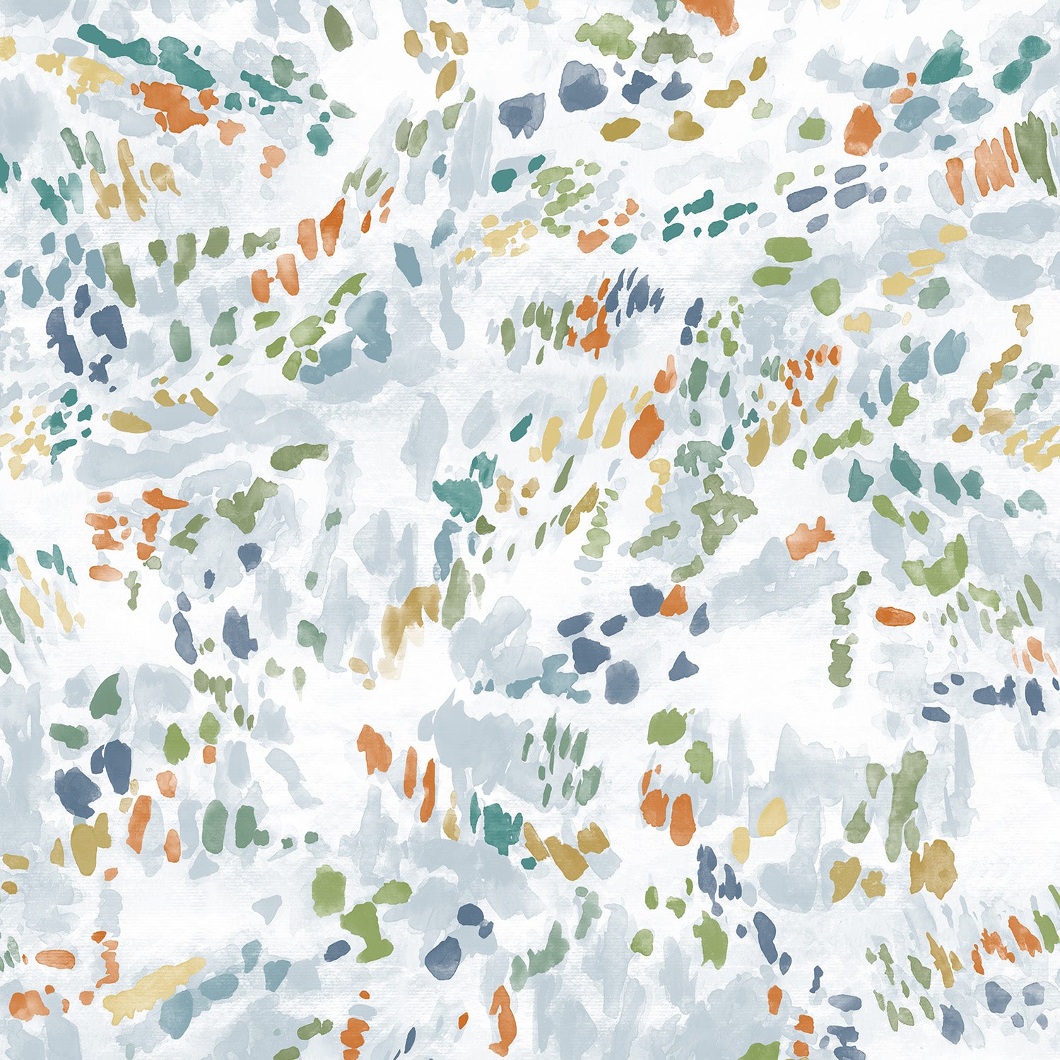 Detail of wallpaper in a dappled abstract print in shades of blue, green and orange on a white field.
