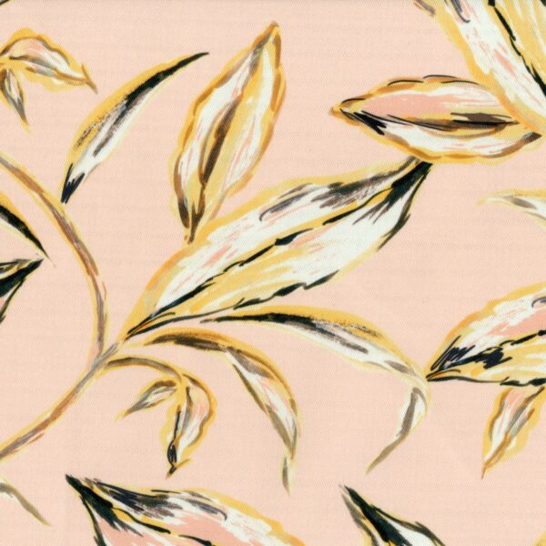 Fabric in a painterly botanical print in shades of yellow, white and black on a light pink field.