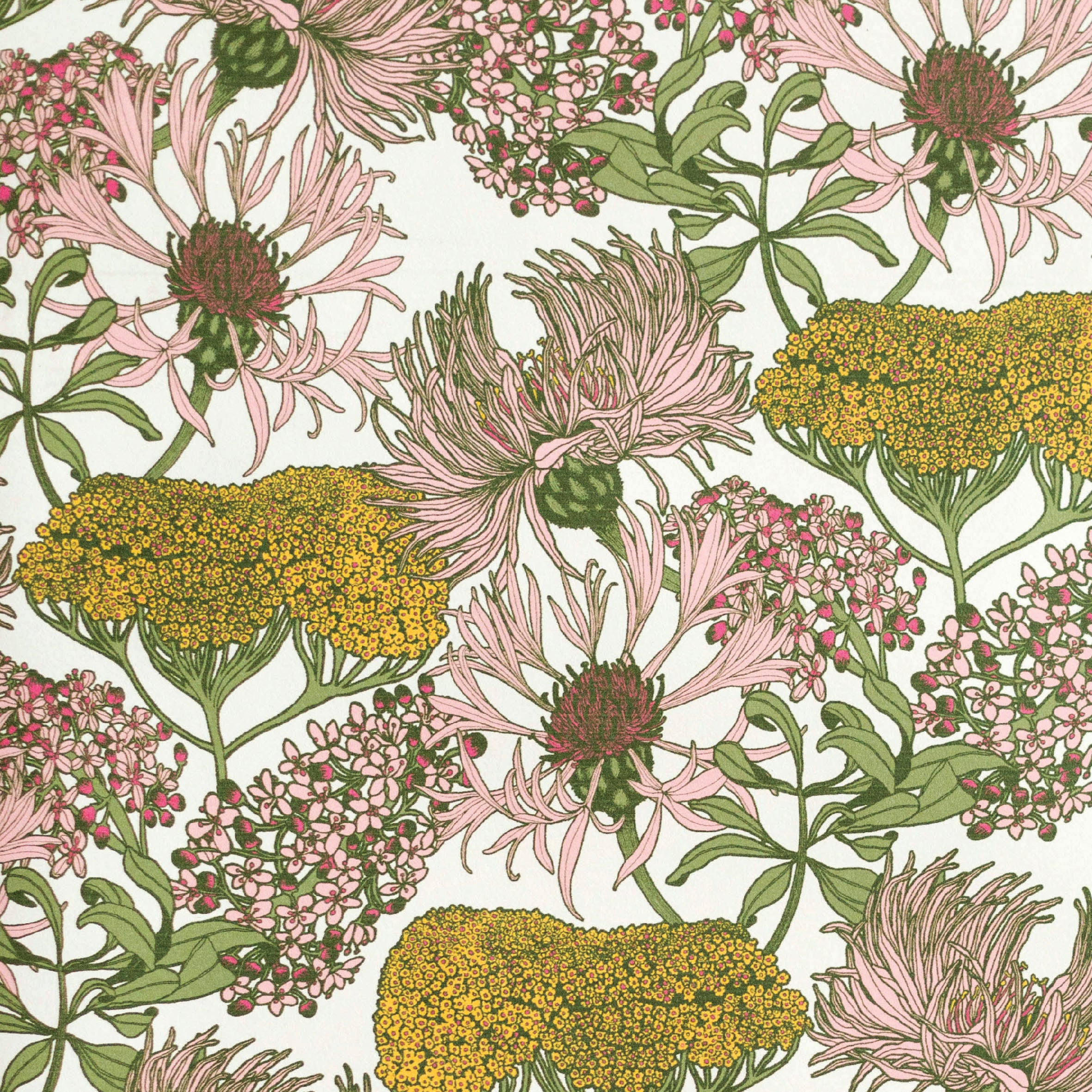 Detail  of a wild flower print in shades of pink and yellow, with green leaves and accents of hot pink.