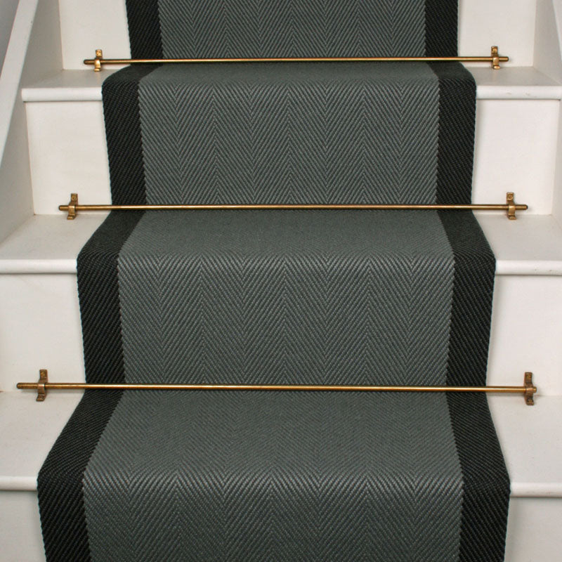 Herringbone flatweave runner in sage and dark green on white staircase