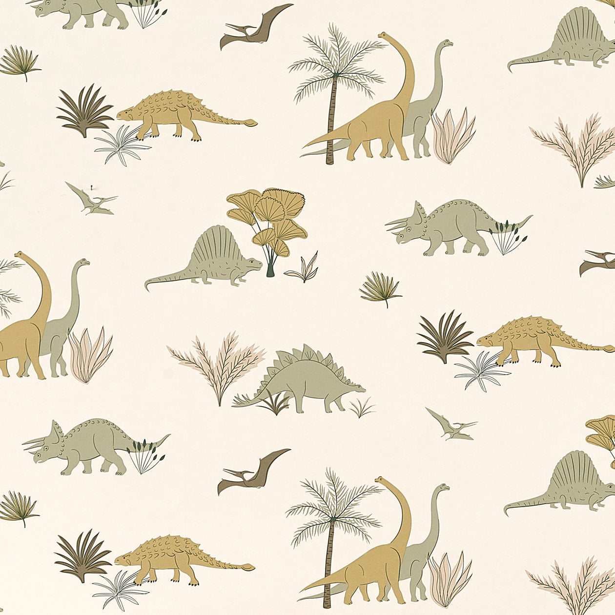 Detail of a pattern with illustrated Dinosauces, in green, brown and tan.