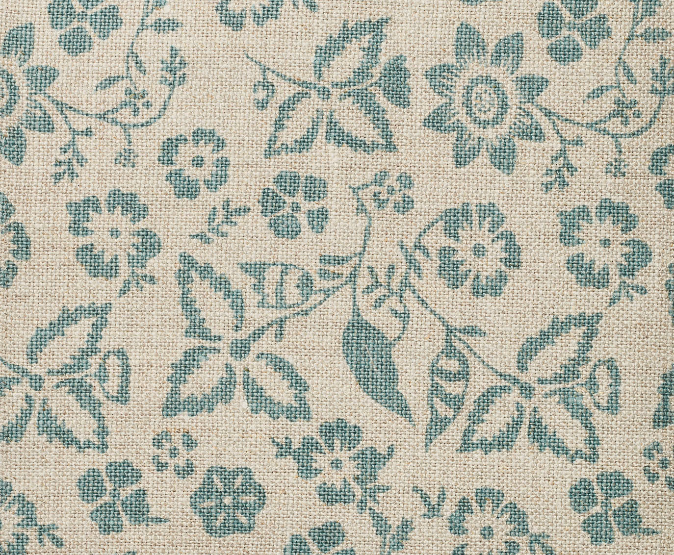 Detail of fabric in a floral print in shades of teal on a tan field.