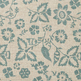 Detail of fabric in a floral print in shades of teal on a tan field.