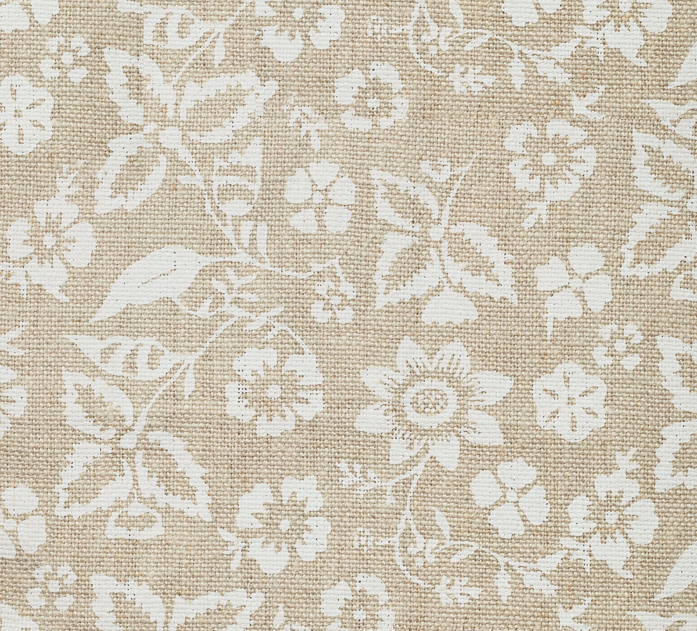 Detail of fabric in a floral print in shades of white on a tan field.