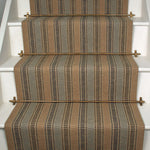 Striped flatweave runner in grey tan and brown on white staircase